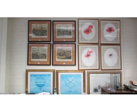 A set of four prints after Alken, 'The First Steeple Chase on Record', two reproduction ballooning prints, four poppy prints 