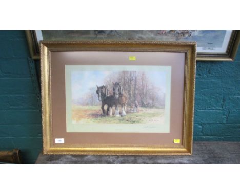 After David Shepherd, a colour print, a team of two heavy horses, bearing the artist's signature and studio blind stamp, 28 x