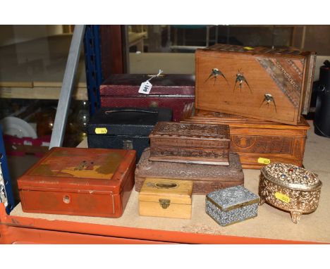 A COLLECTION OF ASSORTED BOXES to include an Asian red lacquered box with a pagoda scene (chips to the lacquer), a Chinese wo