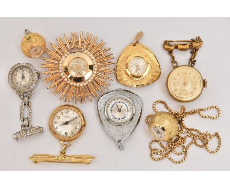 AN ASSORTMENT OF LADIES FOB WATCHES, to include a 'Timex' fob watch with brooch fittings, a 'Ronet' fob watch with brooch fit