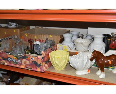 FIVE BOXES AND LOOSE CERAMICS AND GLASS, to include Sylvac planters and vases, Midwinter dinner and tea ware pattern 'Sienna'