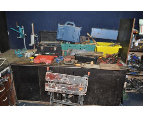 THREE BOXES AND LOOSE CONTAINING TOOLS including four Record G Clamps, a Stanley brace, a folding workbench, a Wolfcraft and 