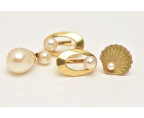 A PAIR OF YELLOW METAL EARRINGS AND TWO SINGLE EARRINGS, a pair of yellow metal cultured pearl set earrings, unmarked, fitted