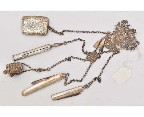 A LATE VICTORIAN SILVER CHATELAINE, a floral open work clip with hinged fitting, hallmarked 'Cornelius Desormeaux Saunders &a