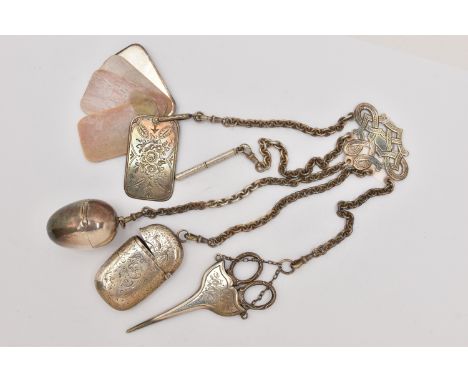 A SILVER PLATE CHATELAINE, missing clip, five chains each fitted with a different attachment to include a large vesta case wi