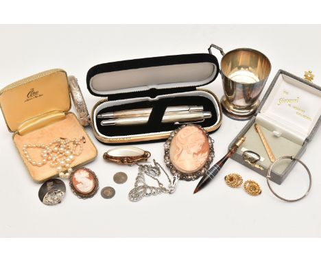 A BAG OF ASSORTED ITEMS, to include a small silver cup of polished form, hallmarked 'John Rose' Birmingham, approximate gross