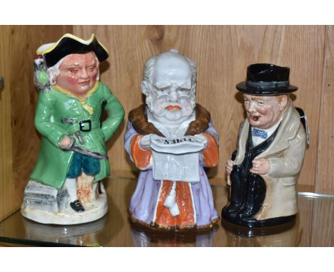 TWO TOBY JUGS AND A TOBACCO JAR comprising a Royal Doulton Churchill toby jug No. 8360, a Burleigh Ware Long John Silver char
