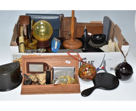 A BOX OF MISCELLANEOUS ITEMS, to include a Meerschaum pipe bowl in the form of a lady wearing a hat, a small clay pipe bowl d