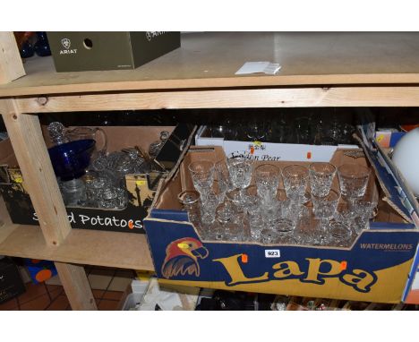 FOUR BOXES AND LOOSE ASSORTED GLASS WARE to include a box of crystal cut wine, aperitif, and brandy glasses, a group of five 