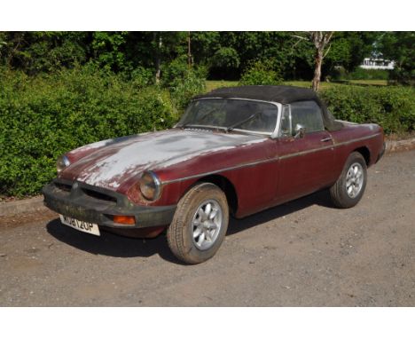A 1976 MGB CONVERTIBLE SPORTS CAR FOR RESTORATION with a 1798cc petrol engine, 4 speed manual gearbox, one set of keys, V5C p