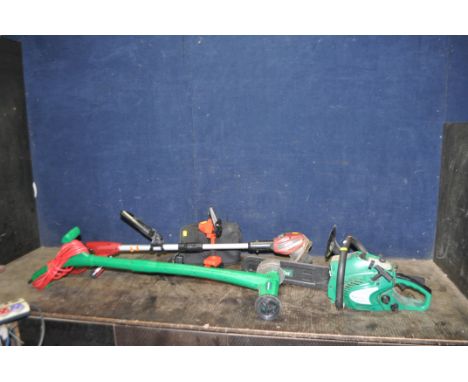 A COLLECTION OF GARDENING POWER TOOLS including a Gardenline petrol chainsaw (engine pulls freely but hasn't started and top 