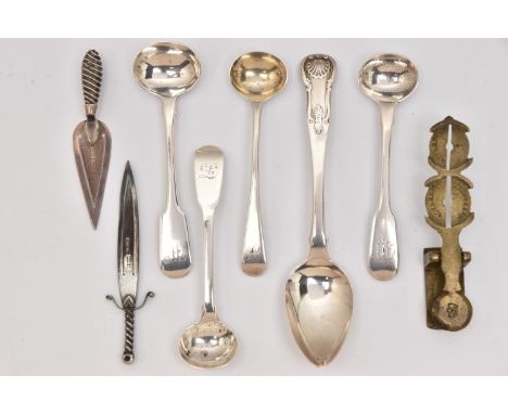 AN ASSORTMENT OF SILVERWARE, to include a dagger bookmark, hallmarked 'M Bros' Birmingham 1887, a trowel bookmark, hallmarked