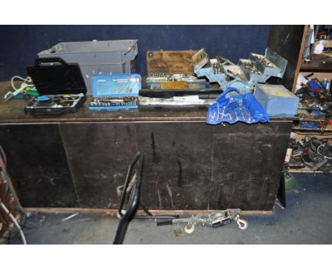 A SELECTION OF AUTOMOTIVE TOOLS including a Jaguar car toolkit, a motorcycle paddock stand, a Torque wrench, a metal toolbox 
