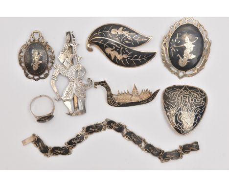 A SELECTION OF DAMASCENE JEWELLERY, to include five brooches, a bracelet, a ring and a money clip, most stamped Siam sterling