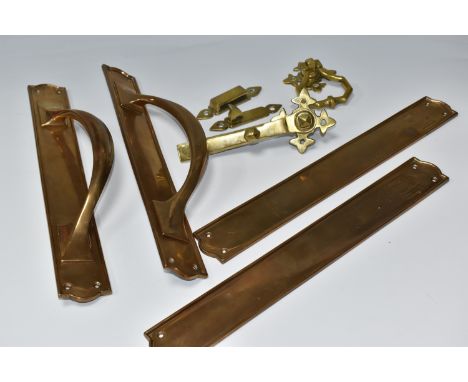 A BOX OF VINTAGE COPPER AND BRASS DOOR FURNISHINGS to include two copper 'push plates' height 43cm (embossed Push is well wor