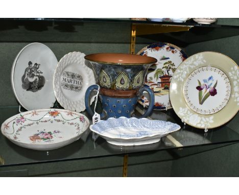 A GROUP OF MAINLY NINETEENTH CENTURY CERAMICS, comprising a Royal Doulton Art Nouveau tyg, of flared tapering form, decorated