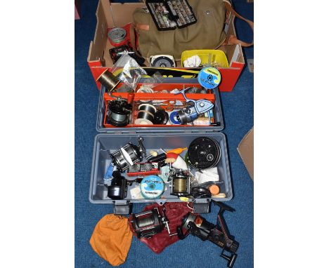 ONE BOX AND A CASE OF ASSORTED FISHING RELATED ITEMS to include a Shakespeare 2410 reel, a Penn No. 85 and a No. 160 reel, a 