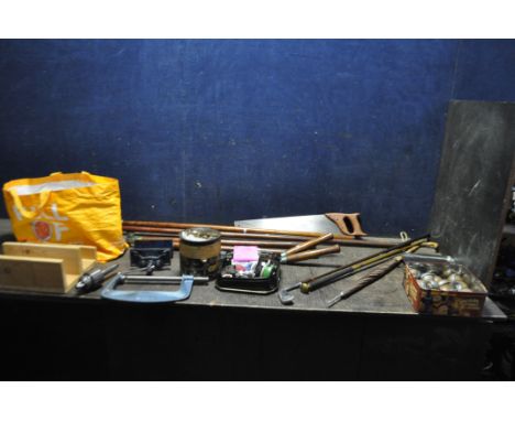 A COLLECTION OF VINTAGE TOOLS AND HARDWARE including a Paramo G Clamp, a Woden vice, Record, Elora and another Stilsons, a ti