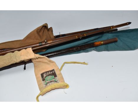 A GROUP OF FIVE VINTAGE FISHING RODS to include a Bruce and Walker 'Orthodox', weight 7, 8ft 6 inches fly fishing rod, an unm