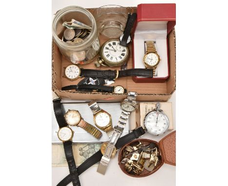 A SMALL BOX OF ASSORTED WATCHES, COINS ETC, to include a quantity of gents wristwatches names to include 'Lorus, Technos, Ref