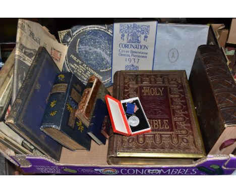 ONE BOX OF EPHEMERA containing two leather bound Bibles (one brass bound and clasped) a souvenir of the British Cotton Textil