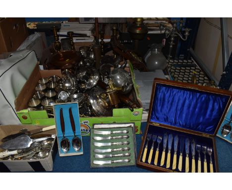 TWO BOXES AND LOOSE METALWARE, to include a selection of Pewter Takers, copper bed pan and kettle, large selection of vintage