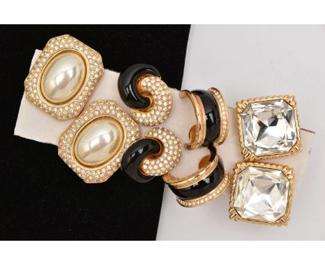 FOUR PAIRS OF 'CHRISTIAN DIOR' CLIP ON EARRINGS, to include a pair of large rectangular form earrings set with large faux pea