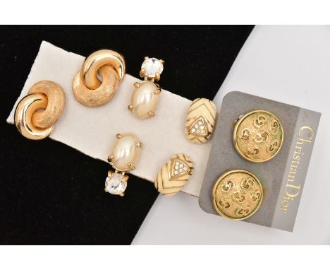 FOUR PAIRS OF 'CHRISTIAN DIOR' CLIP ON EARRINGS, to include a pair of knot earrings with textured detail, a pair of faux pear