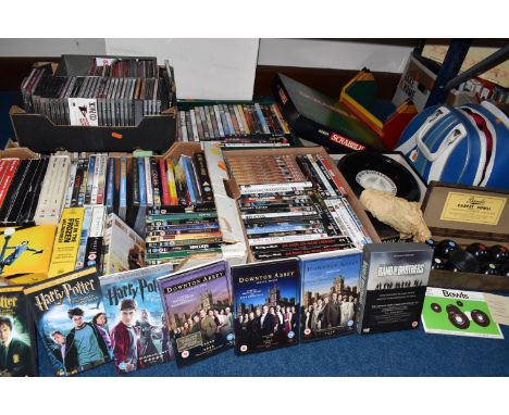 FIVE BOXES AND LOOSE VINTAGE GAMES, DVDS AND BOOKS, included a retro bowling bag with size 8 Brunswick bowling shoes and a Co