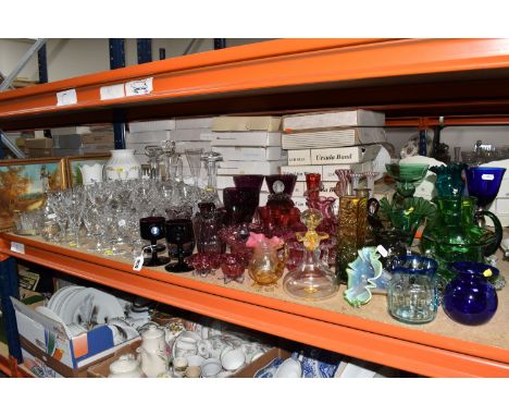 A COLLECTION OF GLASSWARE, CERAMICS AND PICTURES, to include two Wedgwood Sheringham candlesticks with inset jasperware portr