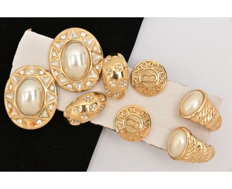 FOUR PAIRS OF 'CHRISTIAN DIOR' CLIP ON EARRINGS, to include a pair large of oval form earrings set with large faux pearls and