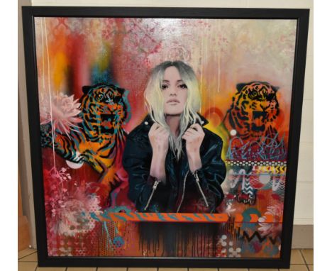 TROIKA (Eva Rucki, Conny Freyer and Sebastian Noel) 'TIGER EYE', a graffiti portrait of a female figure, signed verso, mixed 