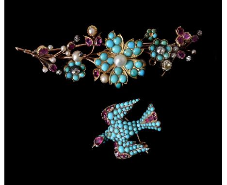 A mid 19th century turquoise and ruby St Esprit brooch, circa 1850, set with circular cabochon rubies and vari cut rubies, 3c