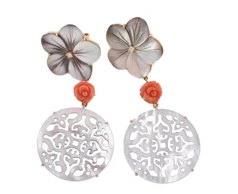 Y A pair of mother of pearl, coral and diamond pendent earrings, the carved and pierced mother of pearl drops suspended by ca