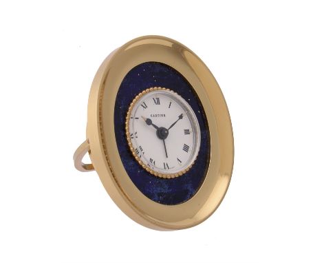 Cartier,Gilt metal and lapis lazuli desk clock, circa 1970Movement: Swiss alarm Case: Gilt metal case, easel backSize: 80mm h