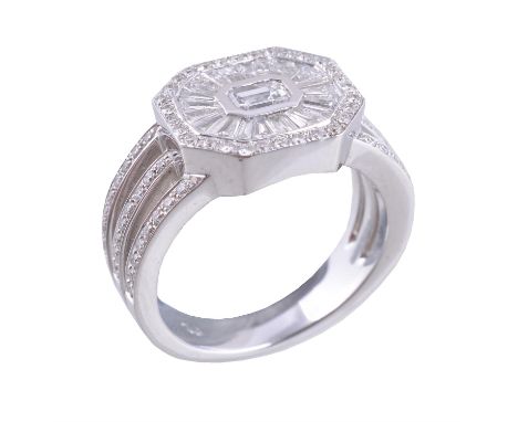 A diamond dress ring, the octagonal panel set with baguette cut, tapered baguette cut and brilliant cut diamonds, between bri