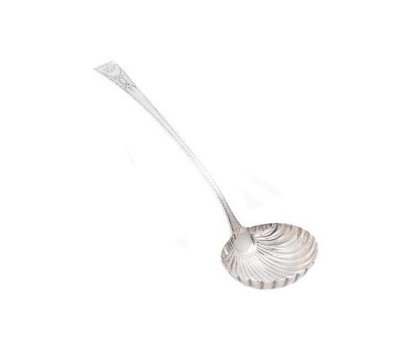 A George III silver shell bowl soup ladle by George Smith III, London 1779, old English bright-cut, engraved with a monogram,