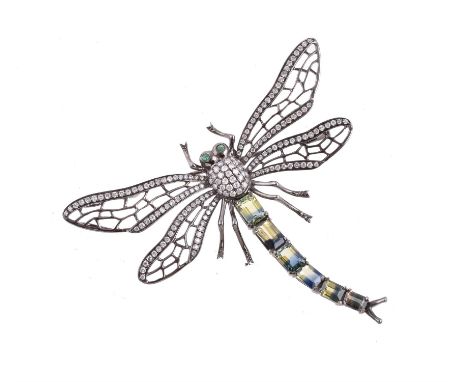 A diamond and gem set dragonfly brooch, the openwork wings set with brilliant cut diamonds, approximately 1.00 carat total, t