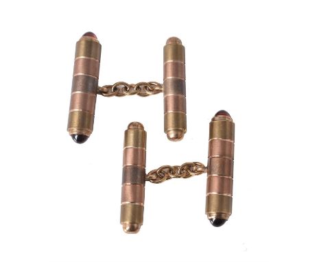 A pair of three colour gold cufflinks, the baton shaped cufflinks with cabochon garnet terminals, belcher link connectors, ha