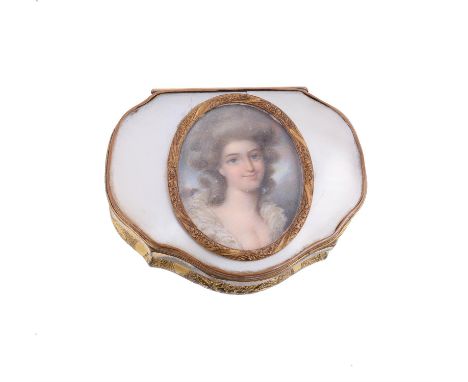 Y A gilt metal and mother of pearl cartouche shape snuff box, probably French circa 1760, the cover now inset with a later po