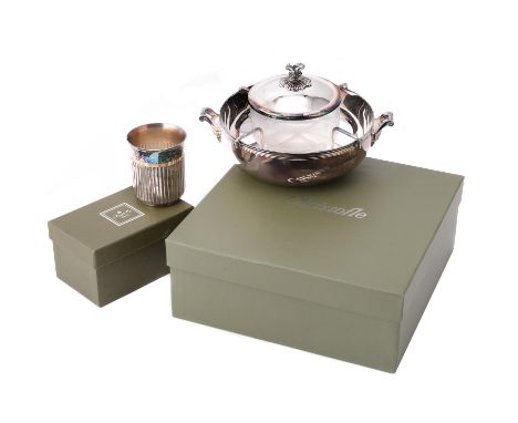 Christofle, an electro-plated caviar dish, with shell handles and a reeded border, the glass dish with a domed cover and circ
