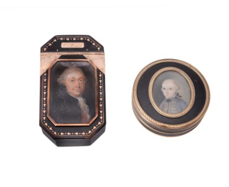 Y Two late 18th century portrait mounted tortoiseshell boxes, the first a canted-rectangular snuff box, inset with a portrait