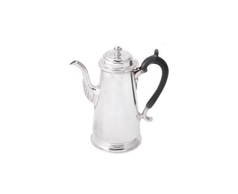 A silver straight-tapered coffee pot in George II style by Harrison Brothers & Howson, Sheffield 1936, with a domed finial to