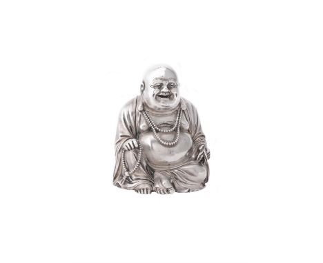 An Italian silver coloured over resin figure of Budai (Hotei, 布袋) by Filli Magrino Argentieri, Florence post 1968, .925 stand