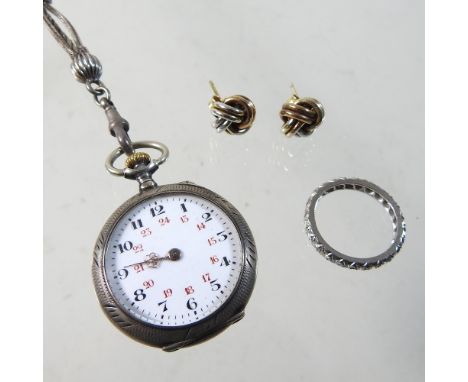 An early 20th century silver cased pocket watch, together with a pair of three colour 9 carat gold earrings, on knot design a