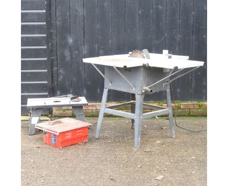 A saw bench, 94cm, together with another smaller and a tool stand