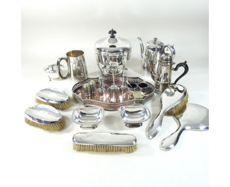 A shelf of silver and plated items, to include a silver mug, a silver sucrier, silver backed dressing table items and a silve