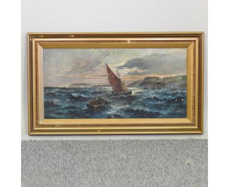 A L Dogely, late 19th century, seascape with a dinghy and a yacht off a rocky coast, signed, oil on canvas, 30 x 60cm
