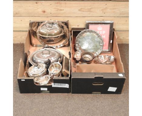 Two boxes of silver plated items, to include trays, a serving dish, cutlery and a walking stick