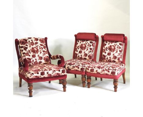 A Victorian red and cream floral upholstered salon suite, comprising a sofa 152cm, a pair of side chairs and an armchair